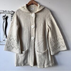 Vintage Sears Cream Knit Hooded Mohair Blend Bell Sleeve Cardigan Sweater Sz L